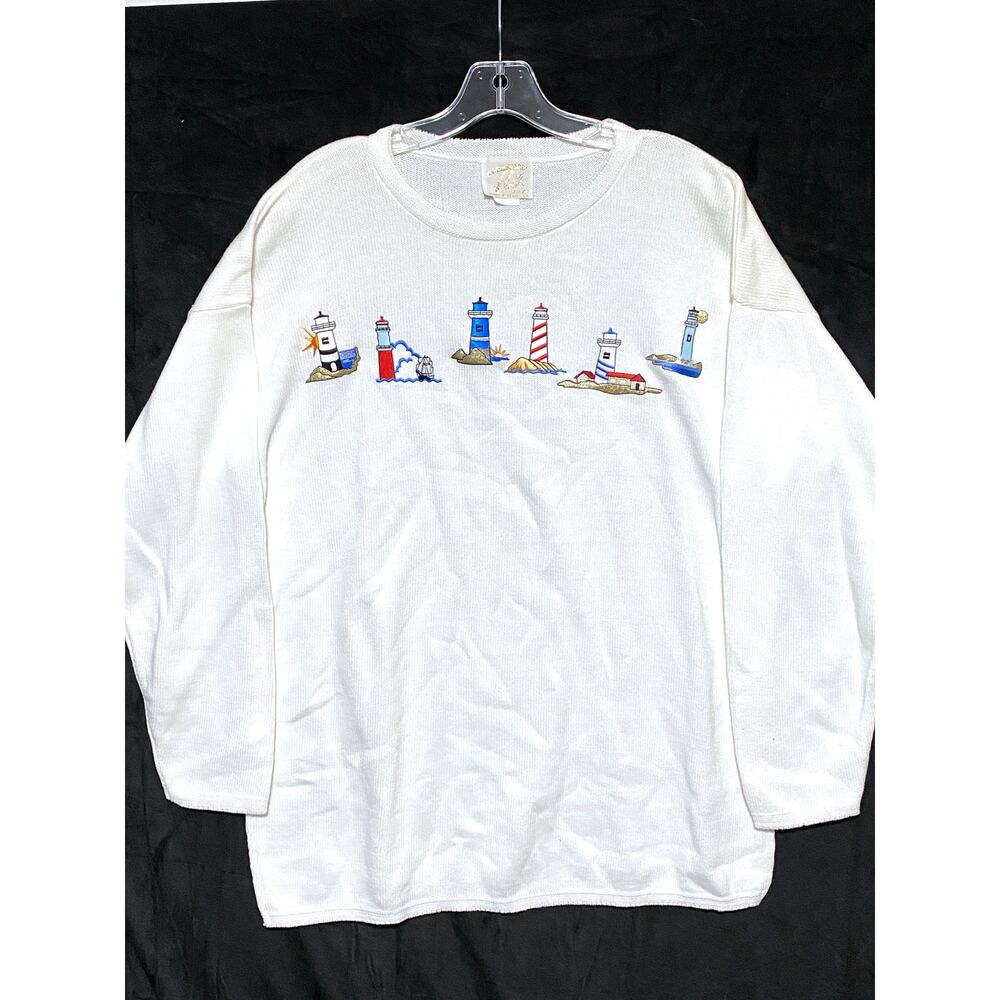 VTG Tia Lighthouse Top Women S Coastal Grandma Beach Cottagecore Embroidered USA
